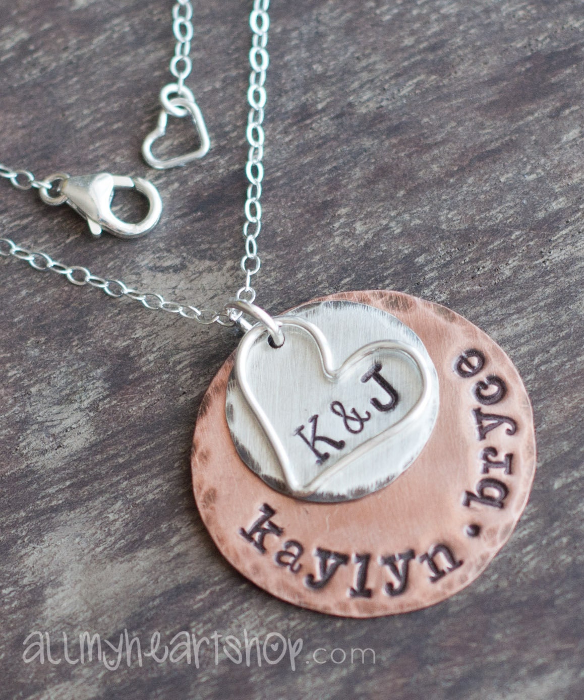 Personalized Layered Mommy Necklace with Heart - Sterling Silver and Copper