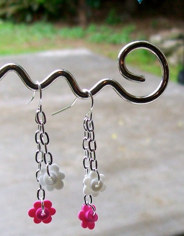 Pink and White Lego Flower Chain Earrings