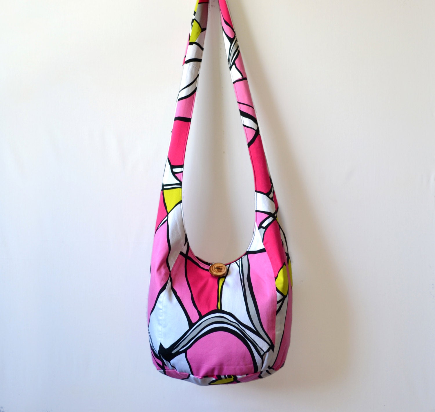 Abstract Dress Hobo Bag, Sling Bag, Upcyled, Hot Pink, Pink, Gray, Green, Hippie Purse, Crossbody Bag