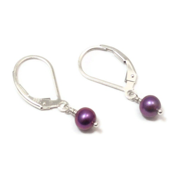 Little Girl Earrings, Plum Purple Pearl Leverbacks Sterling Silver, Flower Girl Gift