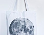 Moon Space Print White Tote Bag Canvas Shopper