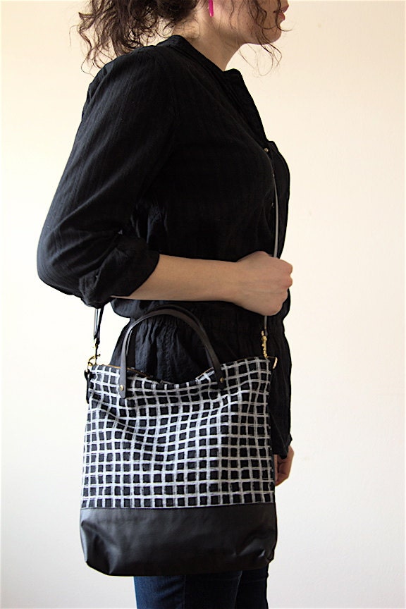Over Shoulder Cross Body Bag Screen Printed Linen Black Leather Handles
