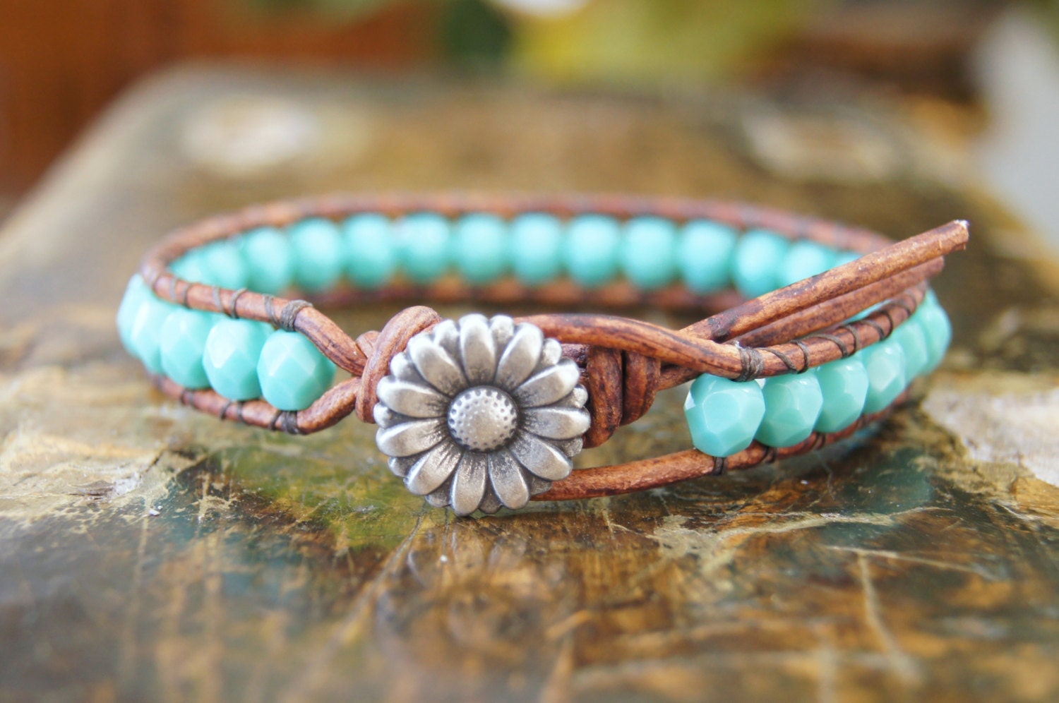 Beaded Leather Bracelet - Turquoise Czech Glass Beads Silver Color Metal Button Boho Bohemian Shabby Chic