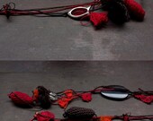 Lariat fiber necklace, red orange brown, OOAK