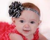 Single Zebra Print Flower Puff Headband - Baby Girl's Black and White Zebra Stripe Hair Bow - Soft Satin & Tulle Zebra Fabric Headband