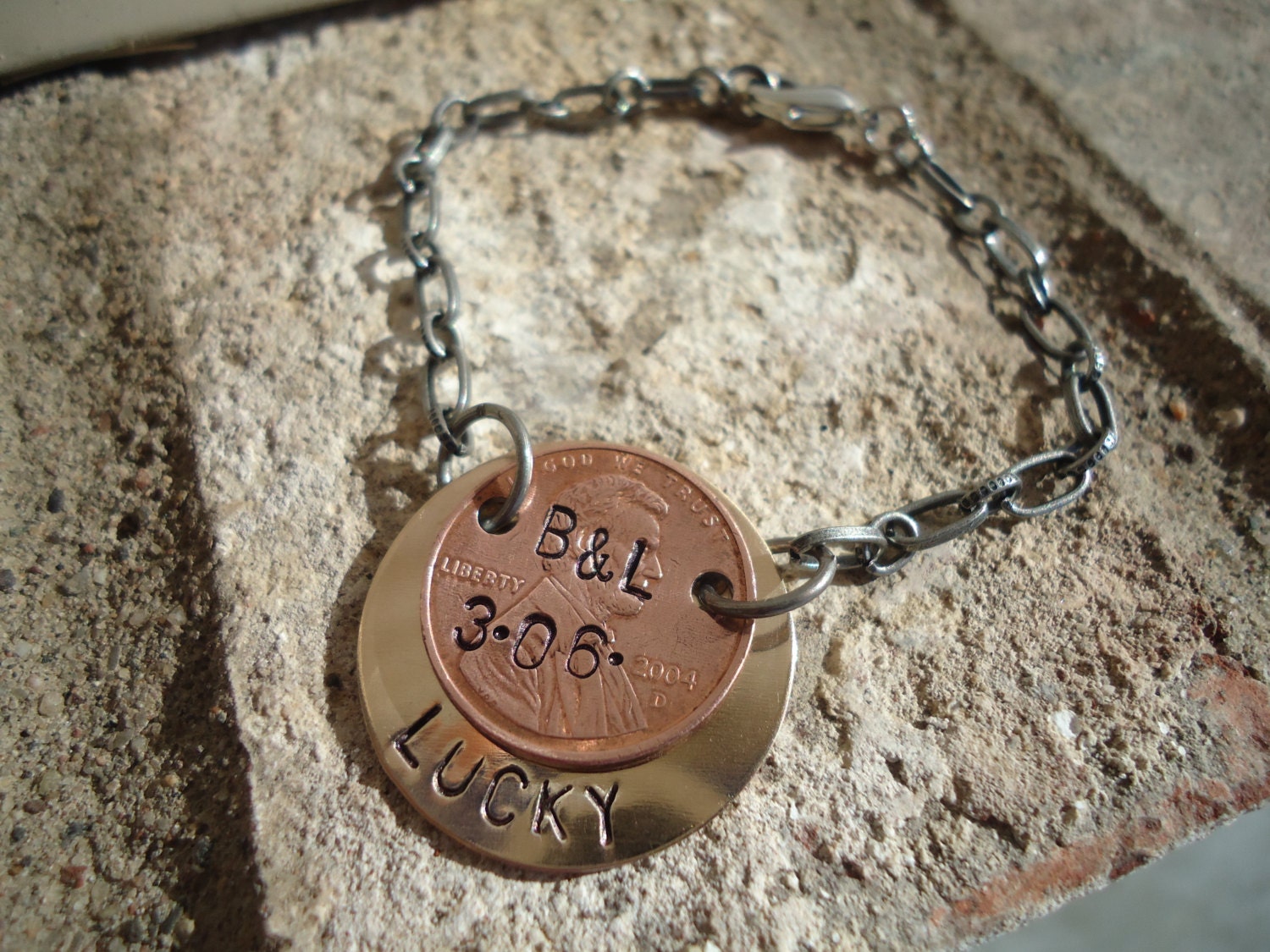 Personalized Wedding and/or Child Penny Bracelet with Hand Stamped Names/Initials and Dates