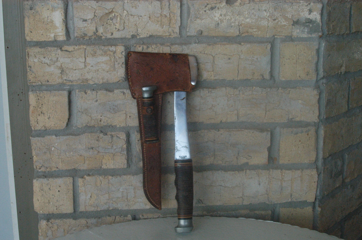 Vintage KA-BAR Hatchet and Knife Set in Tooled Leather Sheath Boy Scout Camping Hunting RARE Combination Finger Grip Handles
