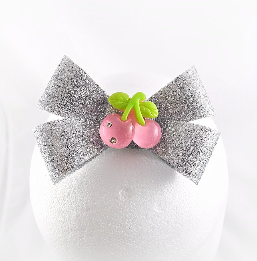 Silver Glitter PVC Bow with Pink Cherries Hair Clip - Unique Accessory for a Unique You