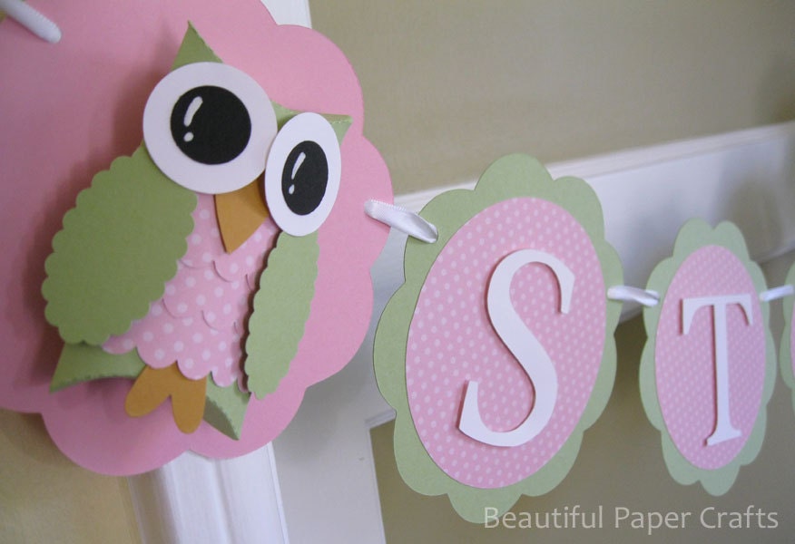 Pink and Green Owl Name Banner - Owl Birthday Party Decorations - Custom Colors