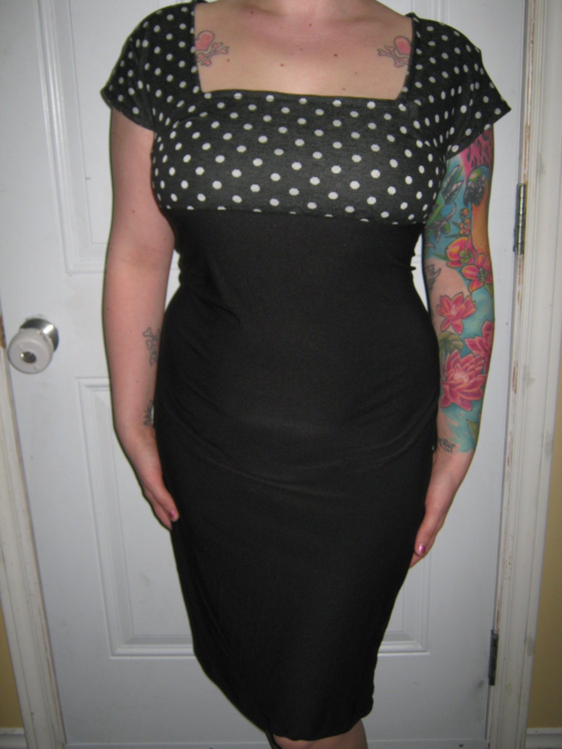 Black and White Polka Dot Rockabilly WIggle Dress
