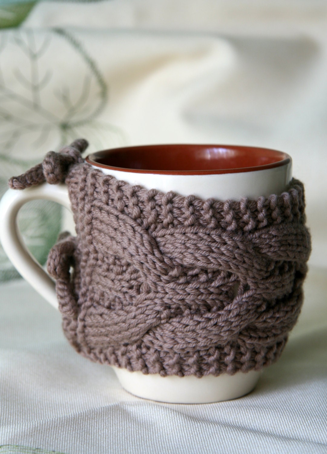 Cabled Cup Cozy, Coffee Cozy in Tan Colour, Soft knit, Mug Coffee Cozy, Tea Cozy, Mothers Day Gift, Gift for Her, Gift for Him - Bergerette
