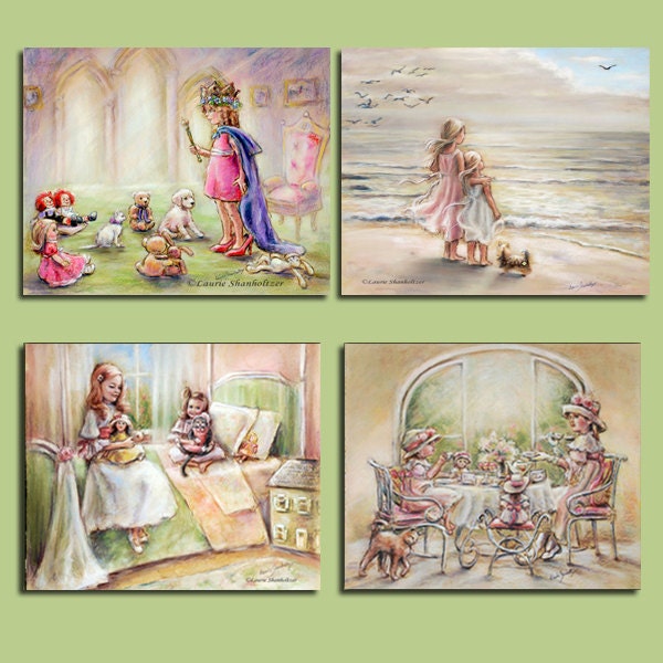 Princess, tea time, Beach, Dolls, Sisters, set 4 prints, girls decor, Archival Reproduction, 8x10