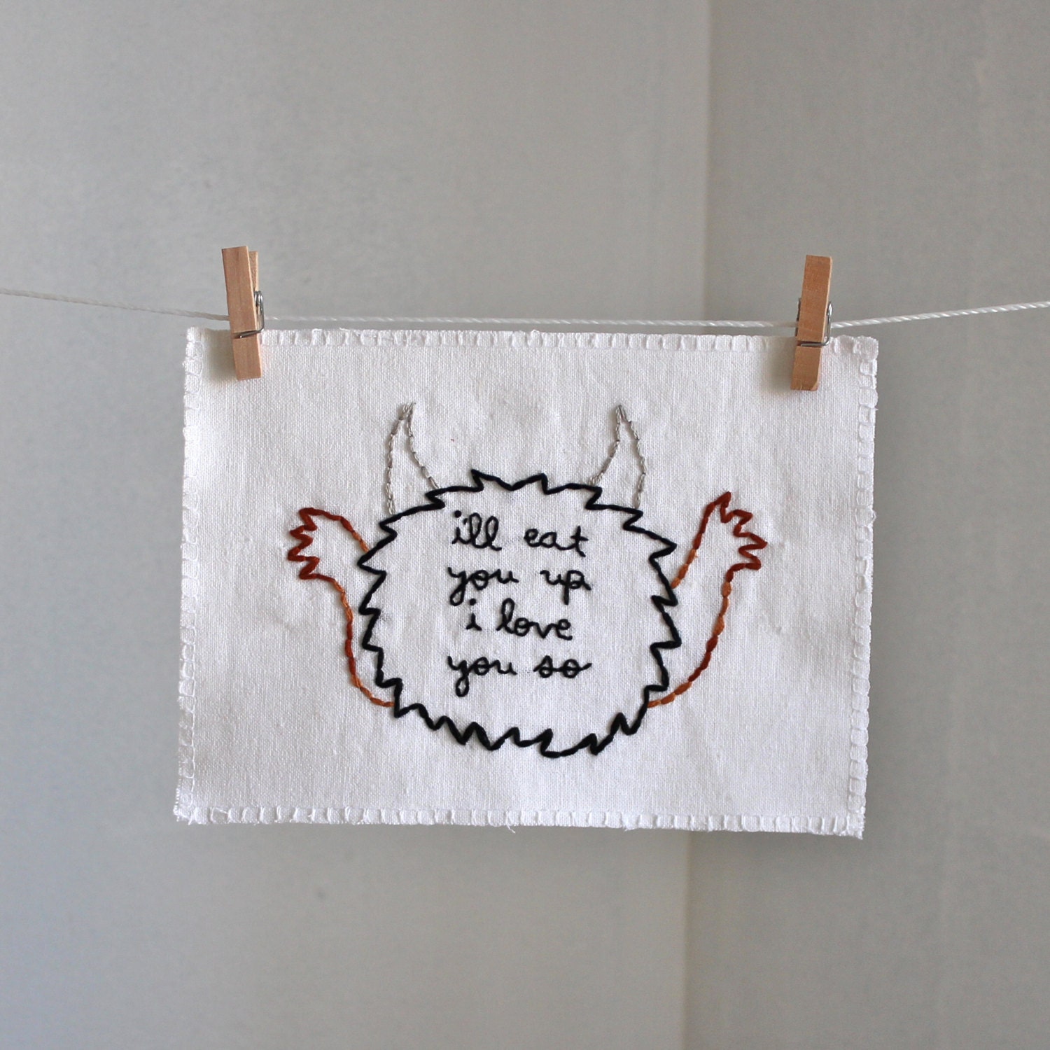 where the wild things are "i'll eat you up i love you so" hand embroidered illustration