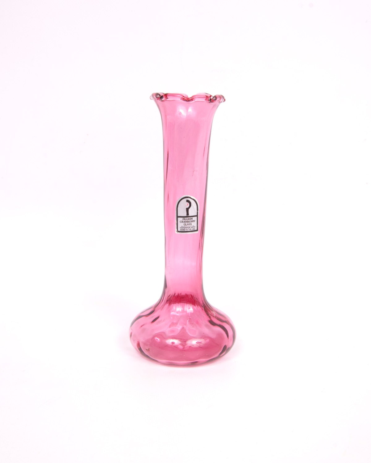Vintage Pilgrim Cranberry Glass Vase Pink Art Glass Ruffled Edge Hand Blown