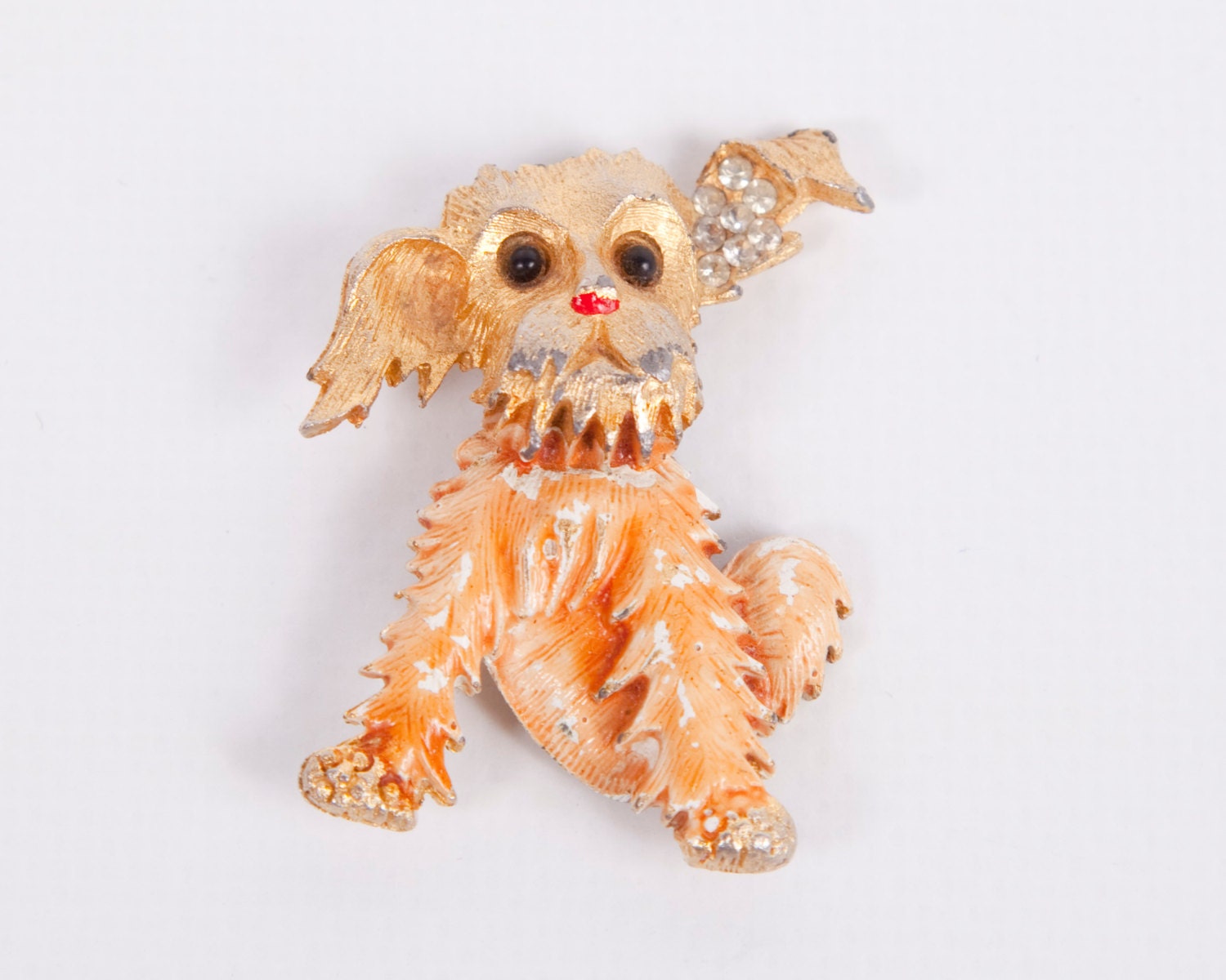 Vintage Gold Tone Terrier Brooch Dog Pin Rhinestone Animal Figural