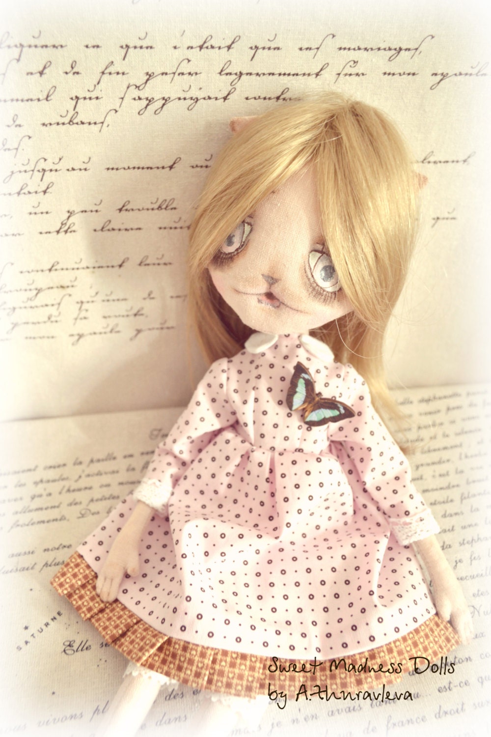 Coraline catgirl - ooak art doll - textile doll - 16,2 "