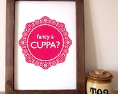 Fancy A Cuppa A3 Screenprint in pink by hello DODO - tea, teacup, doily, English, British, kitchen