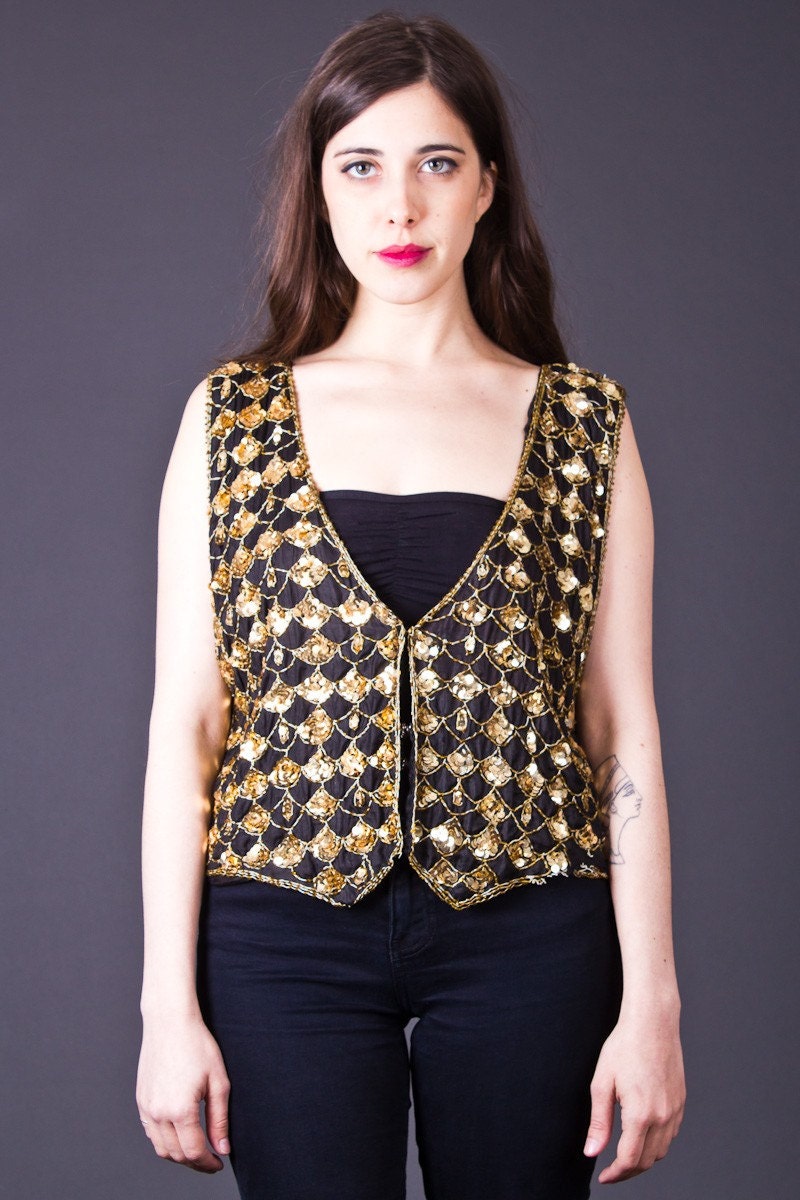 80s Vintage Sparkling Silk Vest in Black and Gold