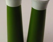 Avocado Green and White Salt and Pepper Shakers Plastic Atomic Mid-Century Modern
