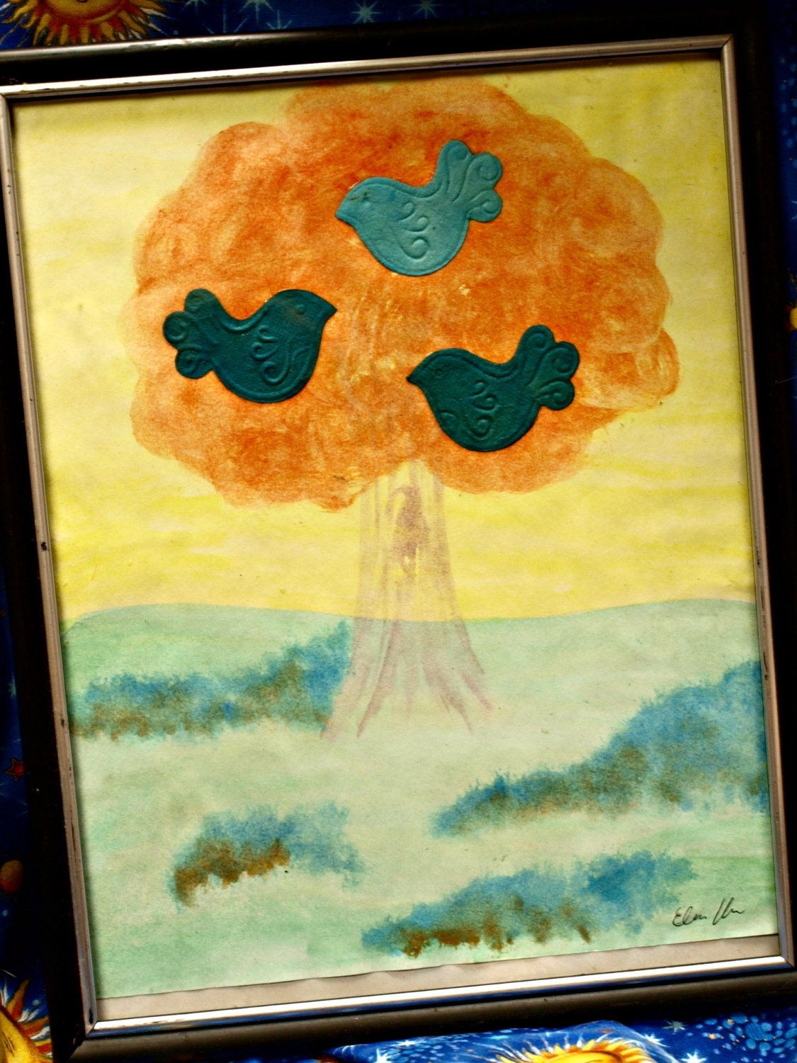 3D Paper Birds and Watercolor Tree - Original Collage - Wall Art - Signed - Gift for Him, Her, Child