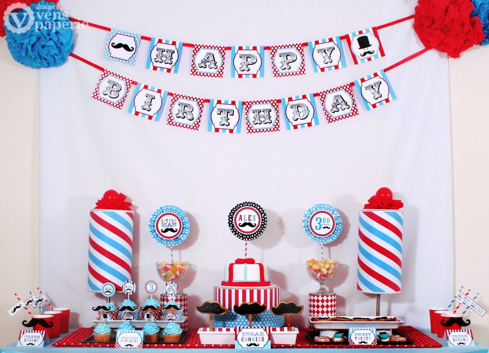 Little Man Mustache Red Blue Birthday Party Package Personalized MINI Collection Set - PRINTABLE DIY - PS829CA1y