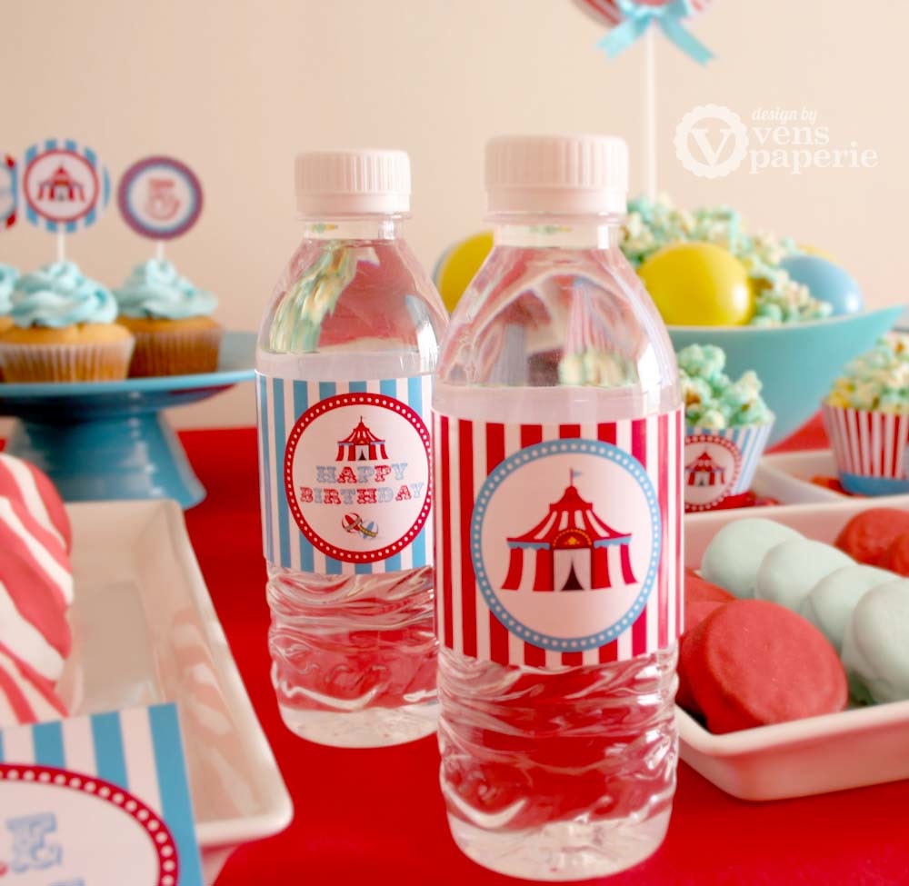 Vintage Blue Carnival Circus Birthday Party - DIY PRINTABLE Water Bottle Drink Label - Instant Download - PS801CA1g Il_570xn