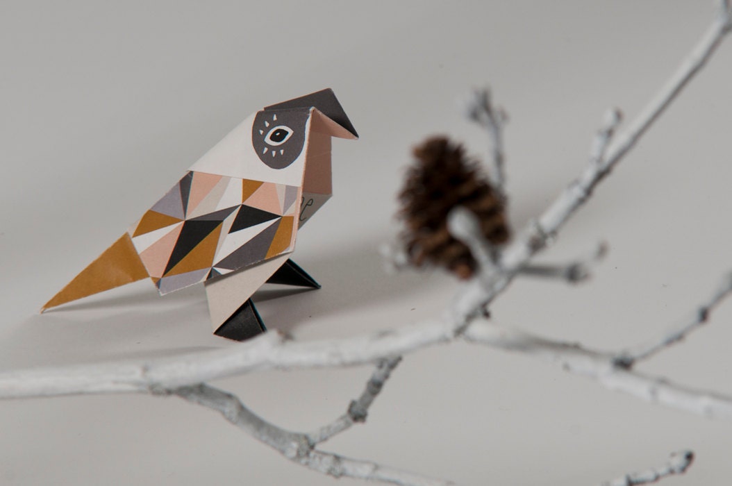 Pack of three origami Birds with pattern print, packed, Mustrard, Grey, Apricot
