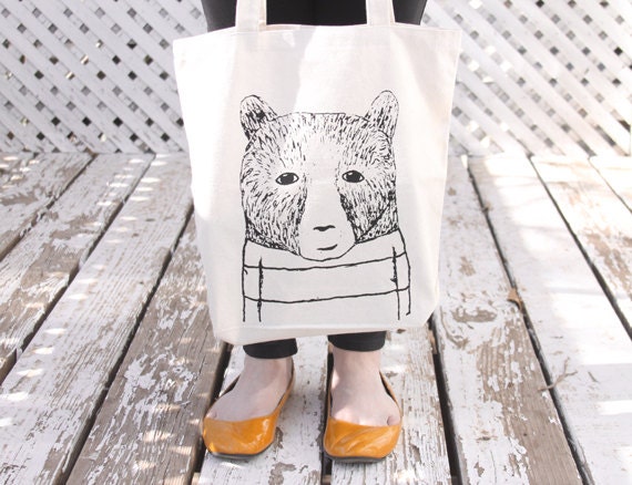 Screenprinted Tote Bag - Bear Illustration