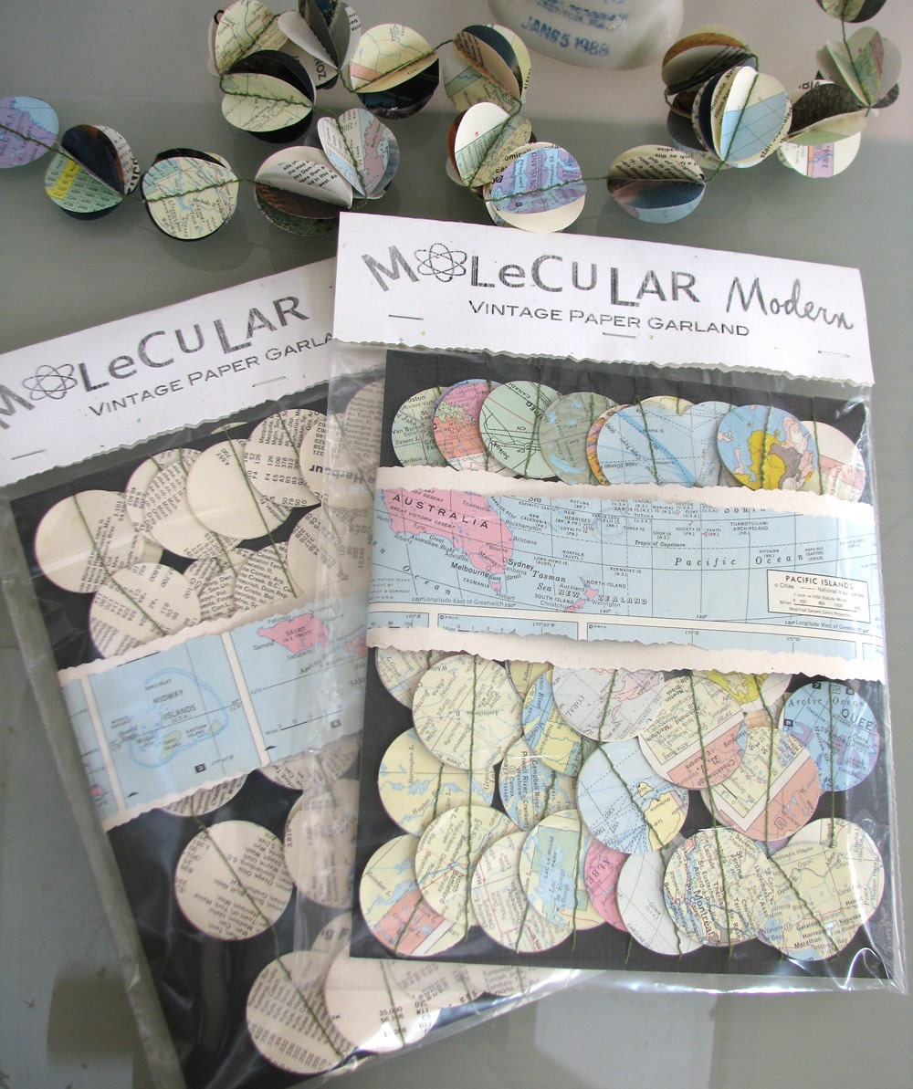 3D Vintage Map Up-Cycled Paper Garland 15 Feet Decoration - 1 1/2" Circle - 8 Sided Dimensional Paper Circle Bunting Garland