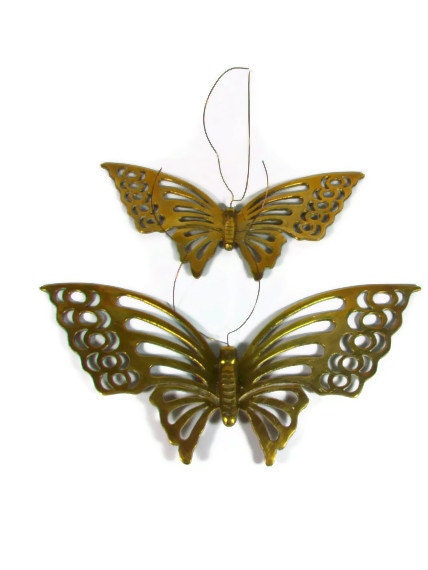 Brass Butterfly Butterflies Wall Hanging Art Decor MOD Set of 2