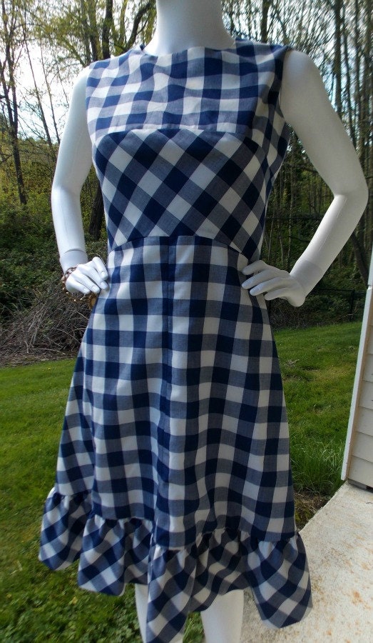 1960's Navy Gingham Ruffle Summer Wiggle Dress - Rockabilly-