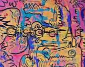 Dogs and birds in pink orange dream abstract large original painting home office decor mixed media on canvas Valentine gift layaway