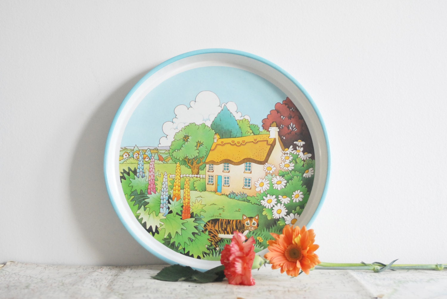 Enamel Serving Tray - Spring Country Scene with Tiger Cat