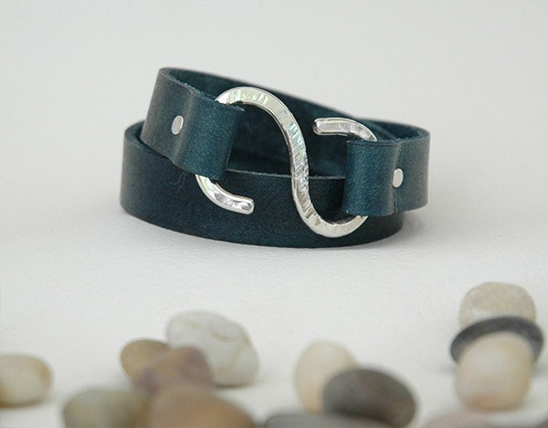 Leather bracelet for men double wrap bracelet blue with silver clasp CALISTOGA