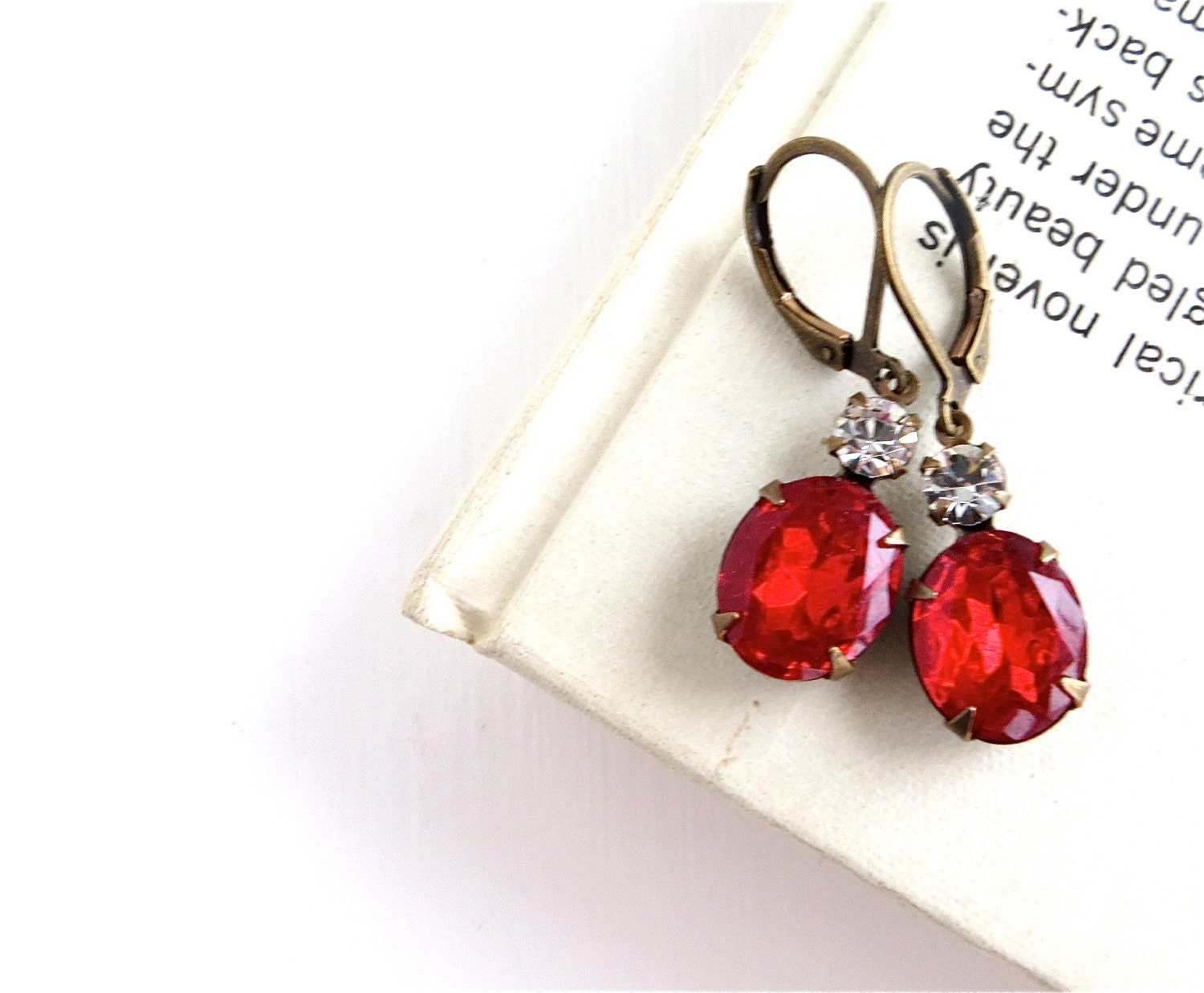 Red Rhinestone Earrings - antique brass, vintage inspired, estate style, oval, old hollywood glamour - OhNostalgiaDesigns