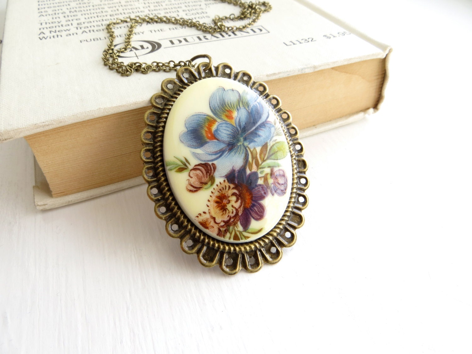 Flower Cameo Necklace - long necklace, vintage inspired, garden, spring, blue