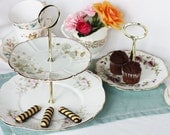 Delicate 2 tier cake stand / cupcake display / dessert plates: a lovely tea party centerpiece made from vintage English bone china