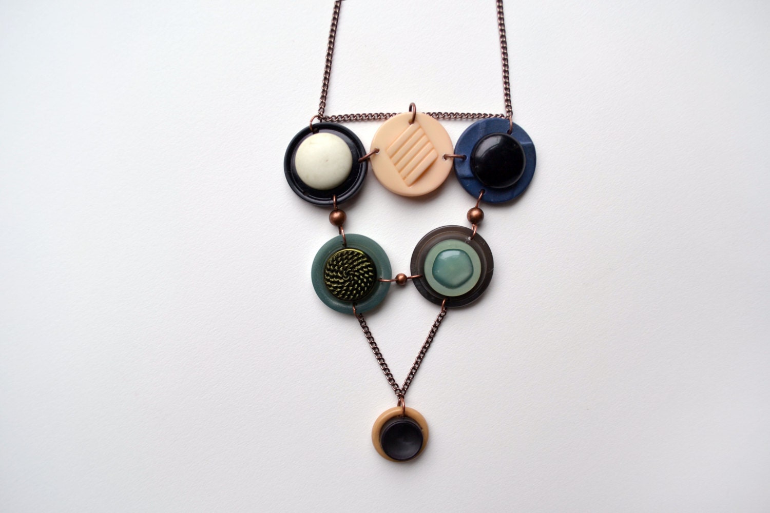 Triangle Necklace Button Drop Copper Chain Pendant  One of a Kind Vintage
