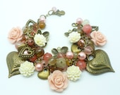 Pink and Ivory Charm Bracelet - Watermelon Tourmaline - Bronze Hearts & Flowers - South Sea Shell Pearls - Resin Rose - "A Touch Of Romance"