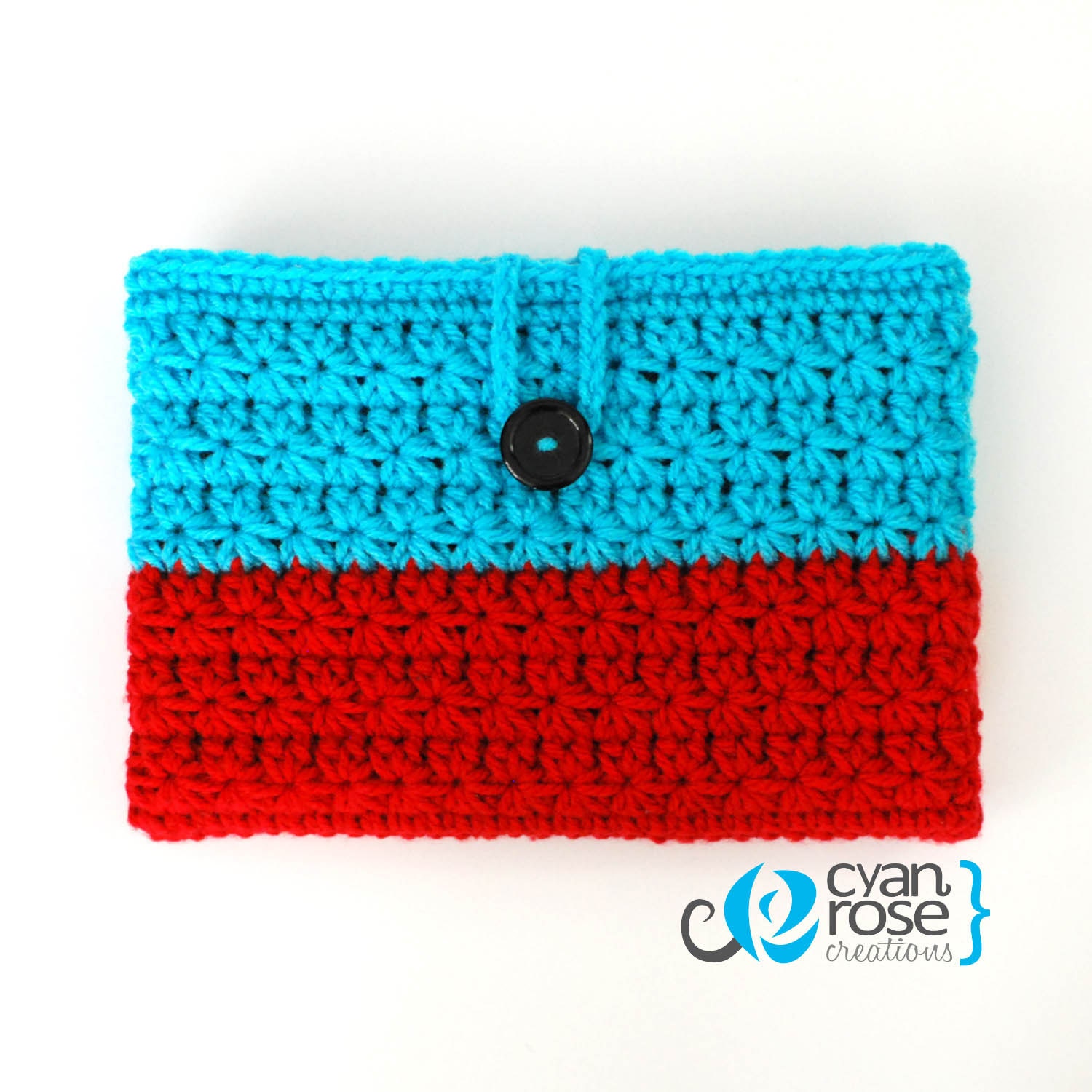 Retro - Cover Pouch Sleeve Case Cozy - Handmade Crochet - Light Blue and Red - for Tablets, Books, etc.