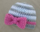 Newborn Baby Girl Hat with Bow, Newborn Photo Prop Hat, Gray and White, Pink Bow