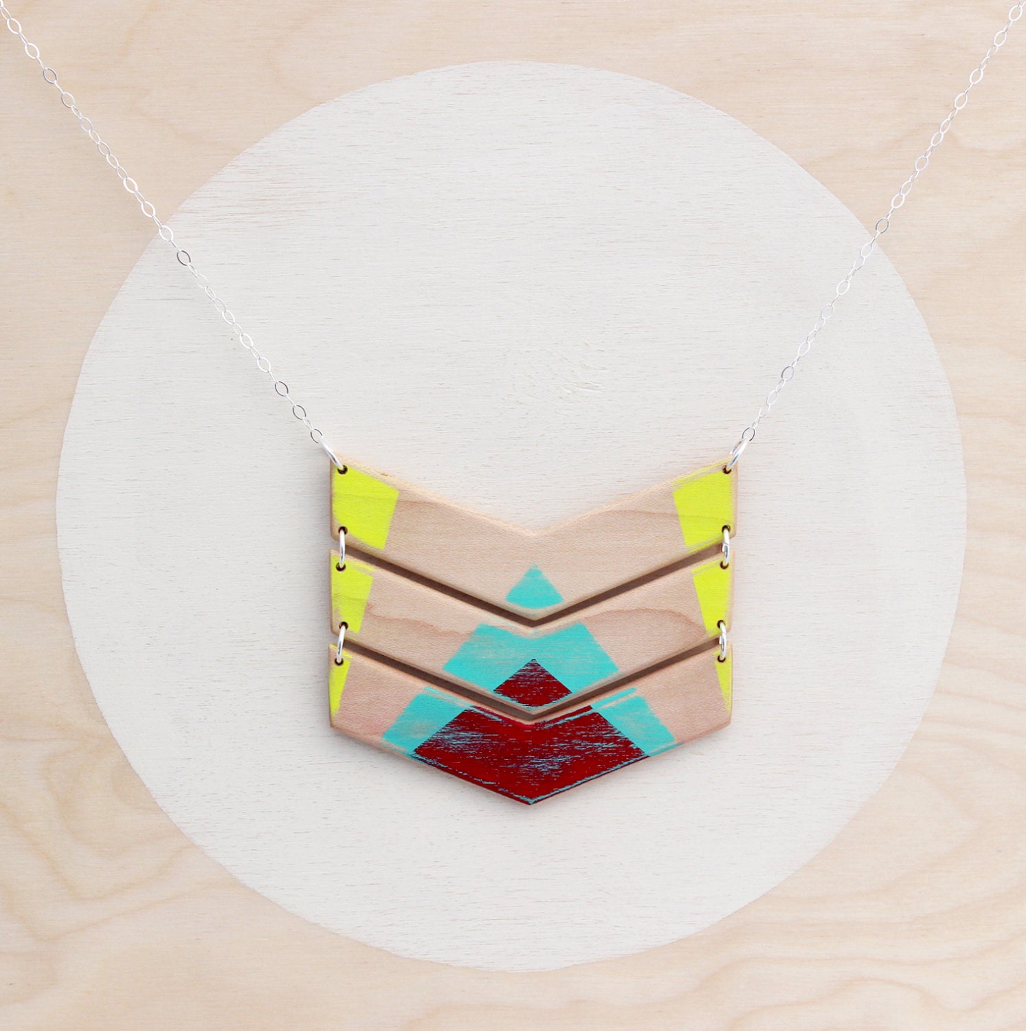 Geometric Patterns Chevron Wooden Necklace in Cyan, Red, and Neon Yellow