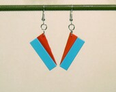 Angular turquoise and red earrings with silver plated ear wires
