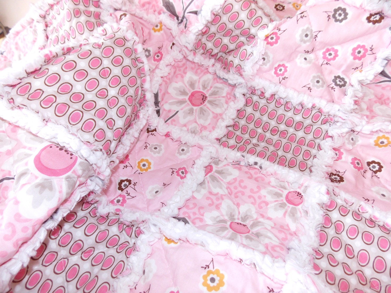 Baby Girl  Shabby Chic  Rag Quilt  Blanket in Daisy Cottage Pink