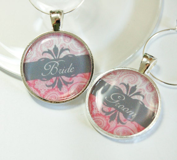 Wedding Wine Charms, Bride Groom, Wine Charms, pink, gray, Wedding Shower, wedding reception, table setting  (2587)