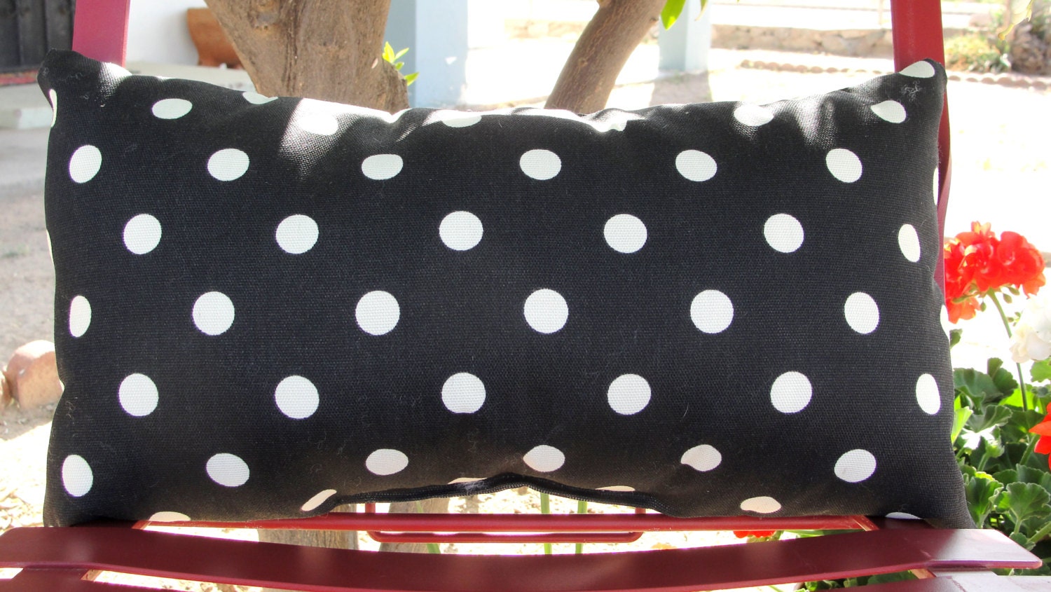 Black and ivory accent throw pillow - lumbar - polka dot print fabric - indoor/outdoor