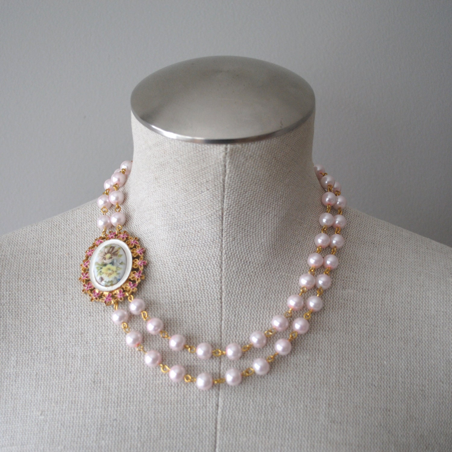 Vintage Enamel Flower Cameo Asymmetrical Necklace and Blush Pearls OOAK- Wedding, Bridal, Bridesmaid Statement Piece
