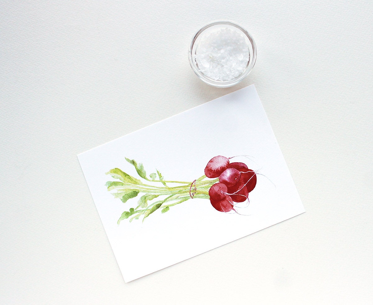 Radish Bunch Watercolor Painting - Art Print - Radishes, Red Pink White Green, Vegetable, Botanical, Kitchen Food Art - Watercolour