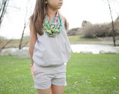 Chevron Romper, Grey and White Zig-Zag Jumper with Coral Pockets, Girl's Spring Outfit, Sizes 6M up to Girl's 6, Made to Order