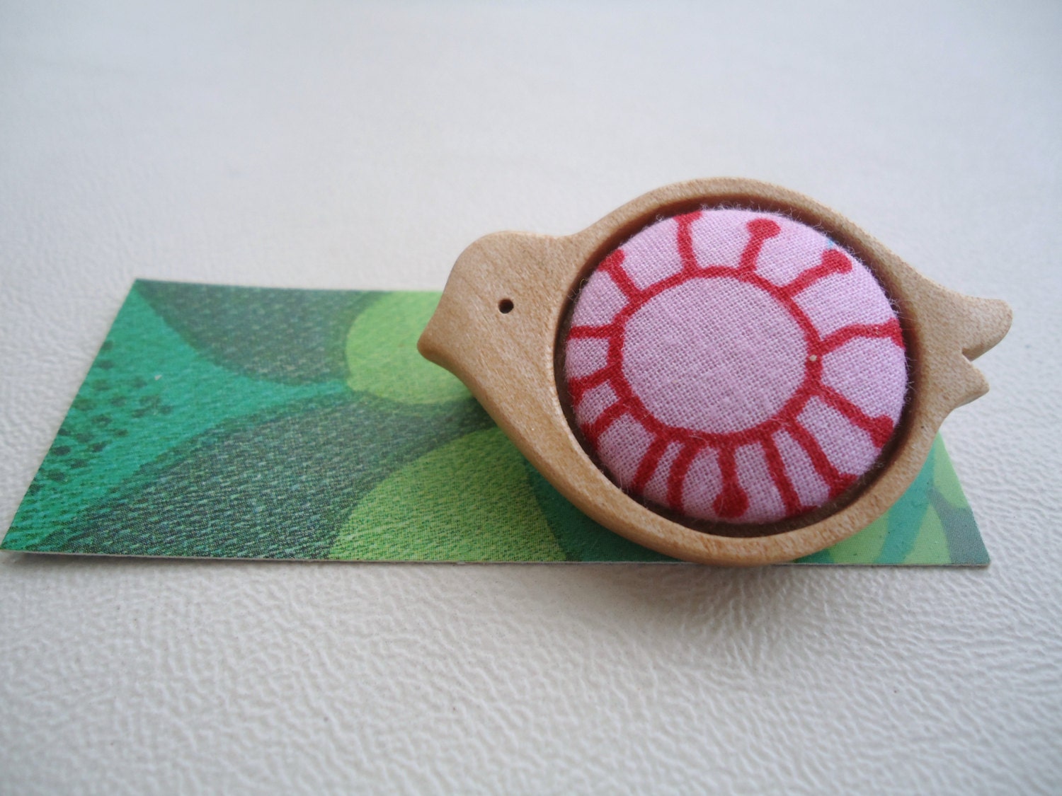 sycamore wood and vintage fabric birdie brooch